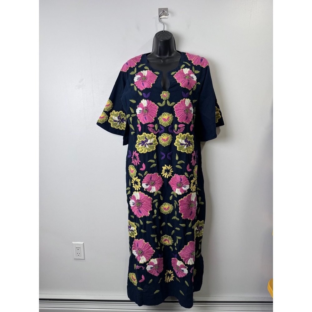 NWT Frances Valentine Women Navy Caftan African Daisy Embroidered Dress Small
